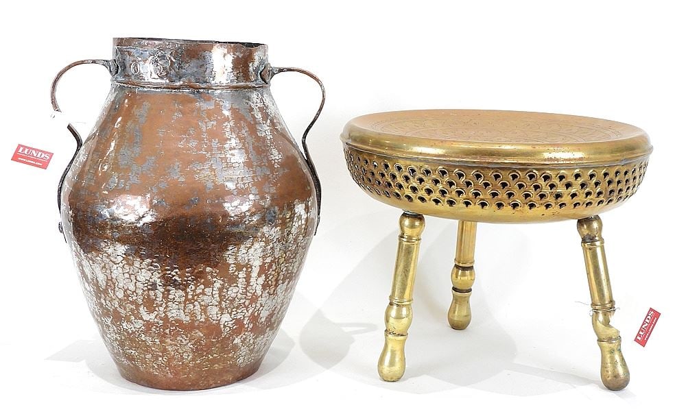 Middle Eastern Brass Stool (11 1/4" h) & Copper Handled Vessel.: Middle Eastern Brass Stool (11 1/4" h) & Copper Handled Vessel.