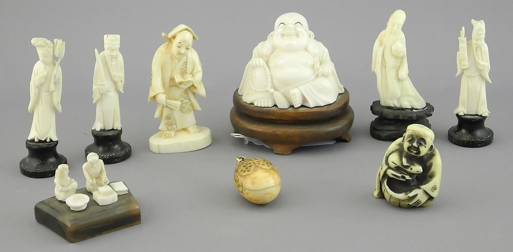 Nine Various Asian Figures Incl: Netsuke, Buddha etc., 1 - 2 3/4"h, NO EXPORT. (1 of 3)
