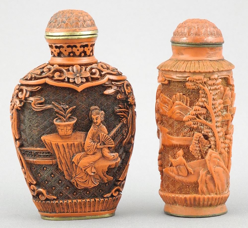 Two Chinese Cinnabar Lacquer Snuff Bottles, 2 7/8 & 3"h. (1 of 3)