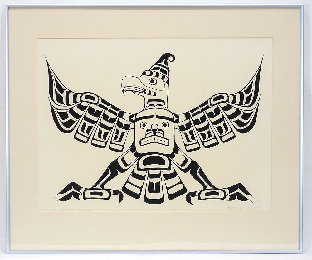 Serigraph signed Henry Hunt, 14 3/8 x 19 1/2" "Kwakiutl Thunderbird" 1970 #45/200. (1 of 4)