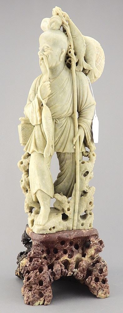 Chinese Soft Stone Carving of a Fisherman on Stone Pedestal, TH 18". (1 of 5)