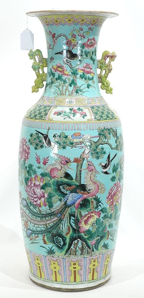 Chinese 19th C. Turquoise Ground Famille Rose Vase, 24"h (restoration noted).: Chinese 19th C. Turquoise Ground Famille Rose Vase, 24"h (restoration noted).