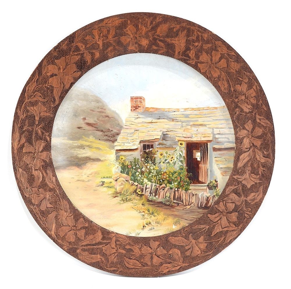 Papier Mache Roundel in Pyrography Frame, 14 & 19 1/2" Diameter. (1 of 2)
