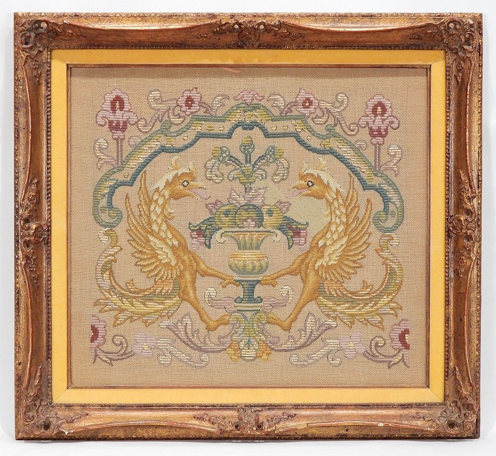 19th C. Framed Embroidery, 16 x 18" "Heraldic". (1 of 1)