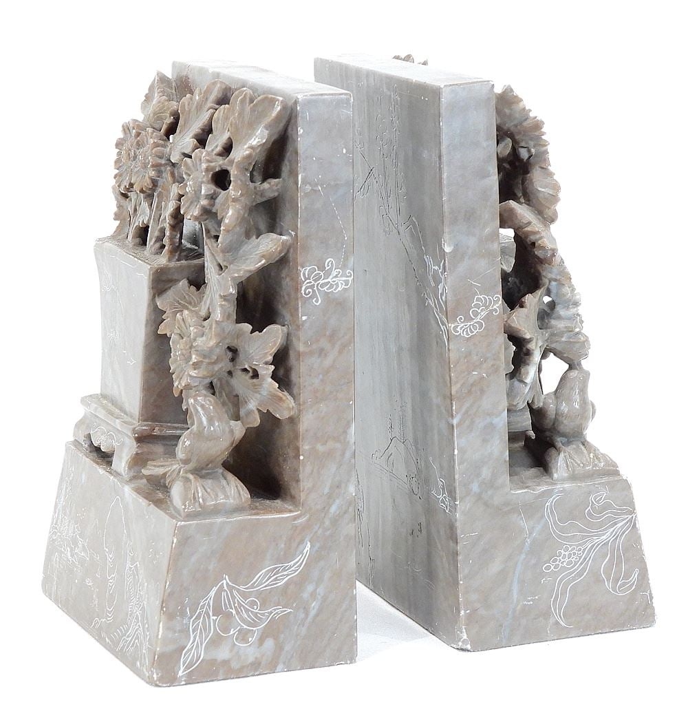 Pair of Chinese Carved Softstone Bookends, Each 6 3/4 x 4 7/8 x 2 5/8 ". (1 of 2)