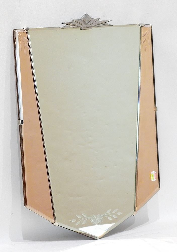 Art Deco Peach Tinted Engraved & Metal Mounted Looking Glass, 18 1/4" h. (1 of 1)