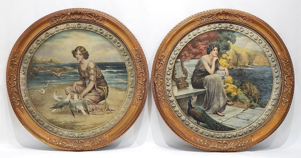 Pair of Lithographs by W. (William) Hourson Byles, 20" Diameter w/ Period Frames. (1 of 5)