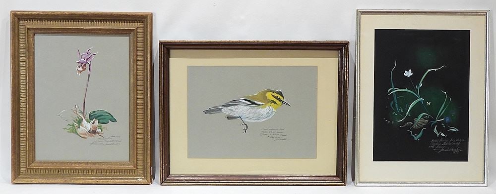 Pastel & 2 Mixed Media signed James Houston, Largest 12 x 8 1/2" "Plant & Bird". (1 of 3)