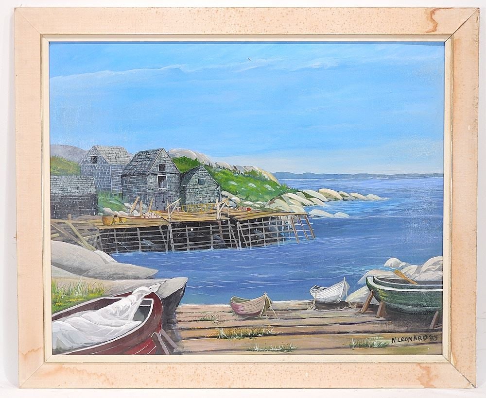 Oil on Board signed N. Leonard '83, 23 1/2 x 29 1/2" "Eastern Fishing Huts". (1 of 3)
