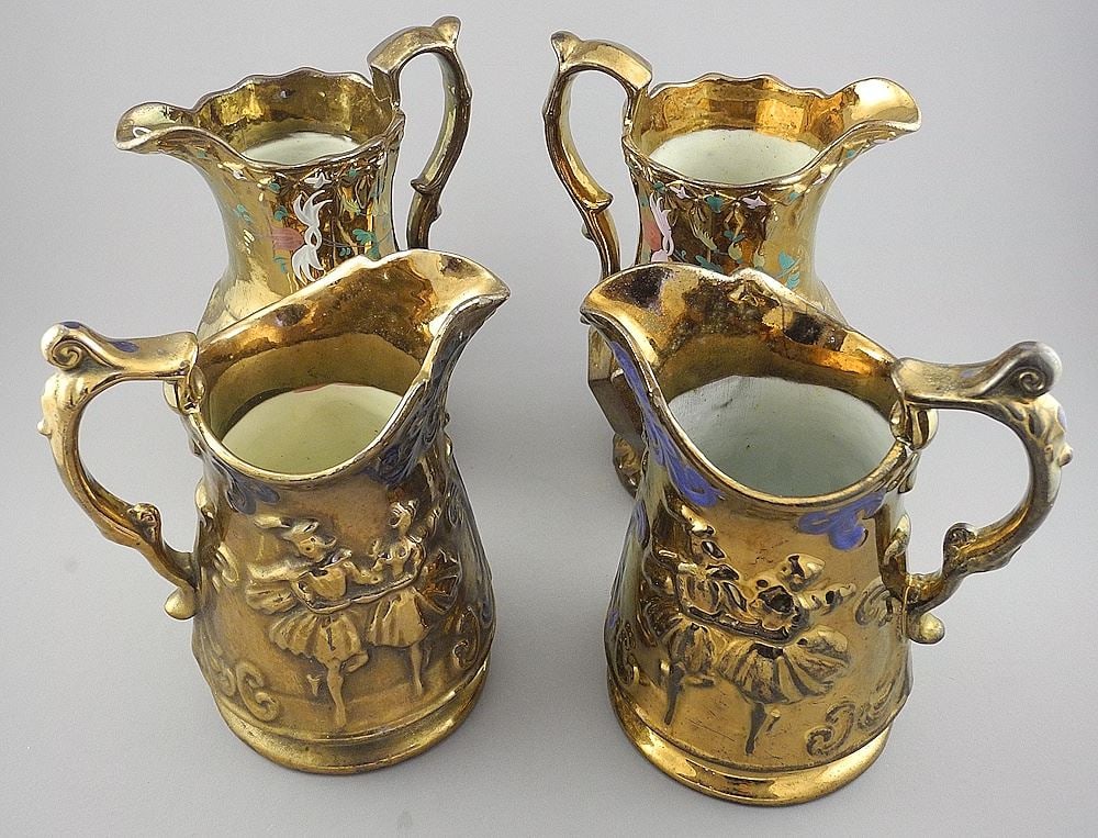 Two Pair Antique Staffordshire Copper Lustre Jugs, Tallest 8" (one cracked). (1 of 3)