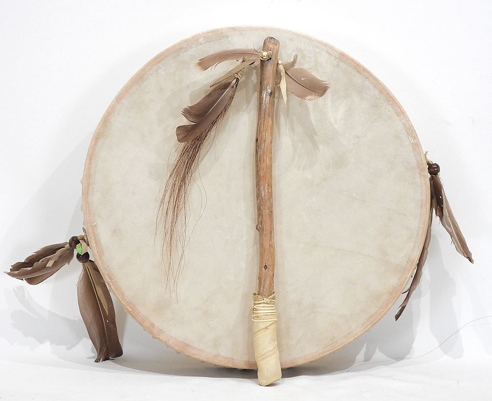 Northwest Coast Hide Drum Monogrammed D. (Dallas Hansen-Chip), 3 x 16 1/2" CDN BIDDERS ON (1 of 4)