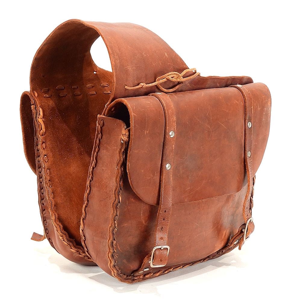 Pair of Leather Motorcycle Panniers, Each 13 x 13 x 3 1/2". (1 of 3)