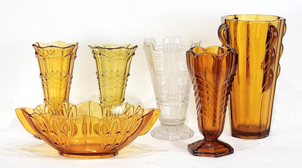 Six Amber & Clear Glass Art Deco Vases & Bowl, 3 3/4 - 10 1/8"h. (1 of 2)