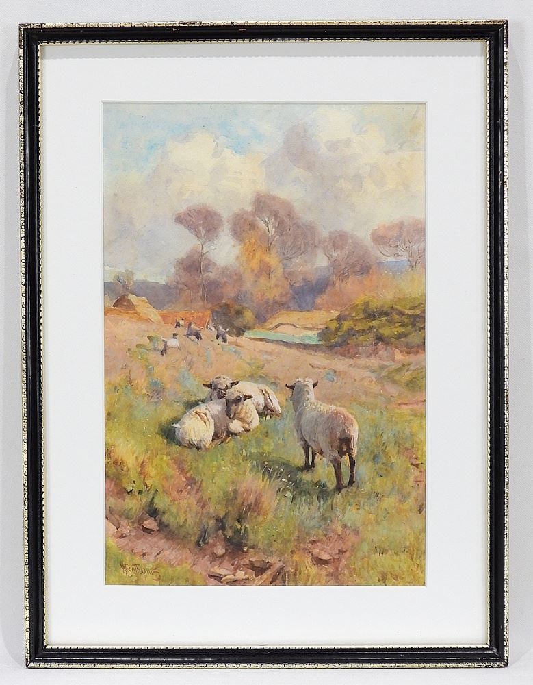 Watercolour signed W. (Walter) Bothams, 11 1/2 x 7 1/2" "Sheep Planning". (1 of 3)