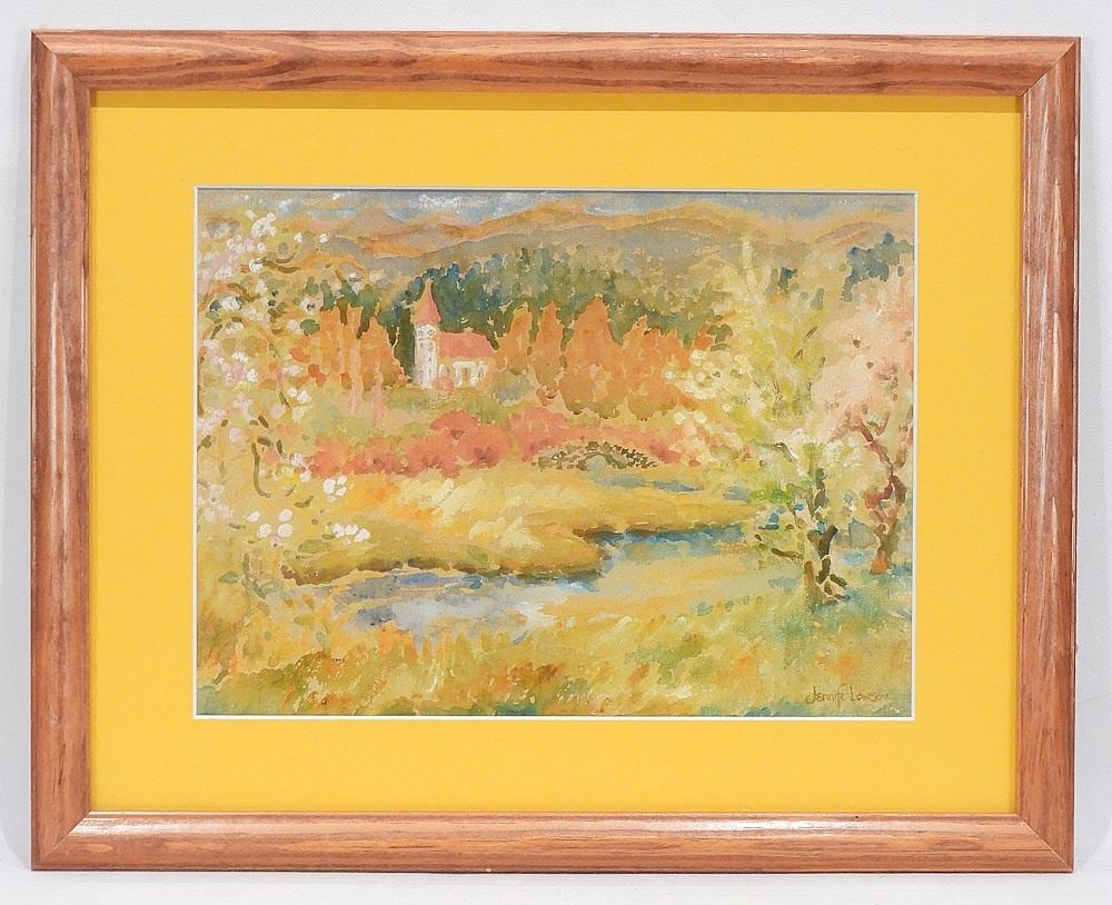 Watercolour signed Jennifer Lawson, 7 1/2 x 10 1/2" "Landscape w/Church" (1 of 2)