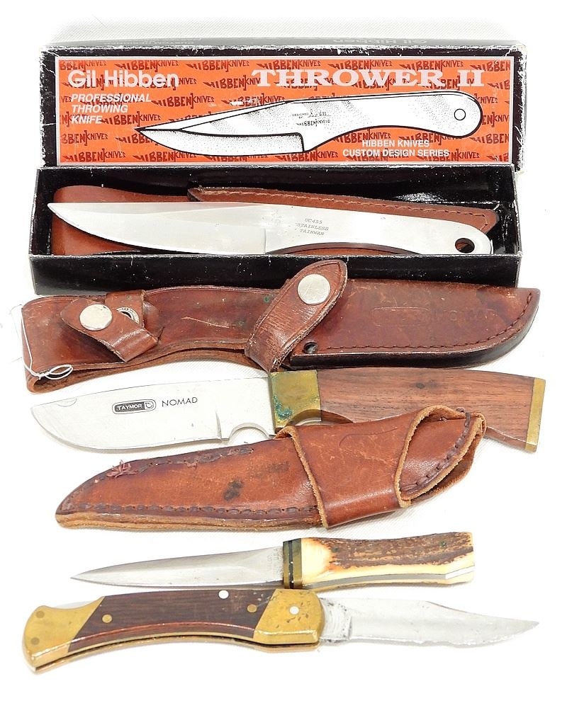 Four Various Knives: Hibben Throwing /Schrade/Taymor/Valor, 6 1/2 - 8 1/4 "L (handmade sheath). (1 of 2)