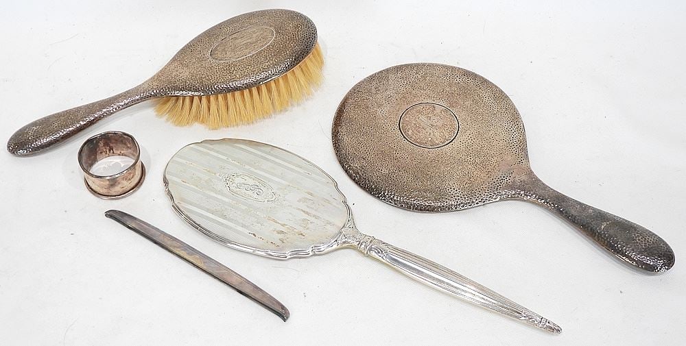 Collection of Sterling Silver Sundries: Napkin Ring/Hand Mirrors/ Brush. (1 of 2)