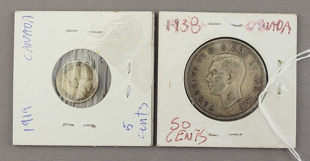 1938 Canadian 50 Cent Coin and 1919 5 Cent Coin. (1 of 2)