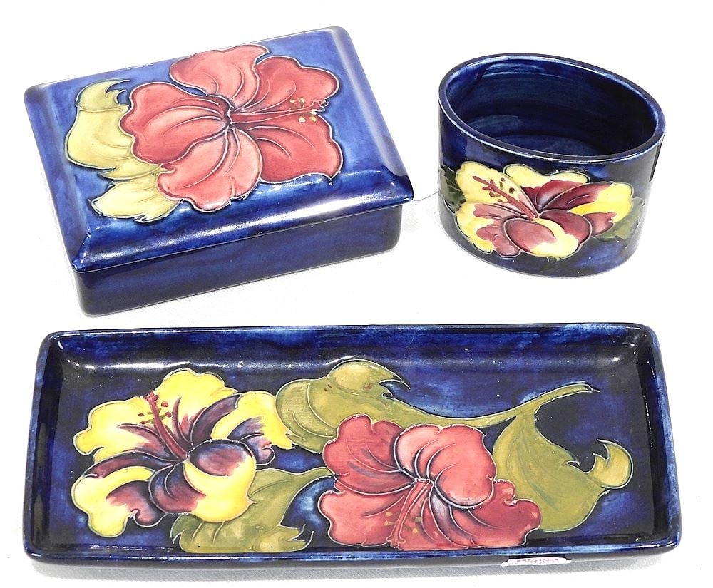 Three Pieces of Moorcroft "Hibiscus" Pottery, 3-8"L. (109/210/*) (1 of 2)