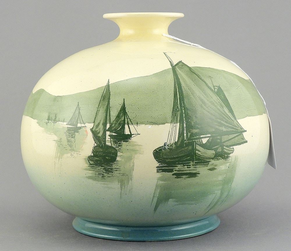 Globular Pottery "Sailboats" Vase, 6"h.: Globular Pottery "Sailboats" Vase, 6"h.