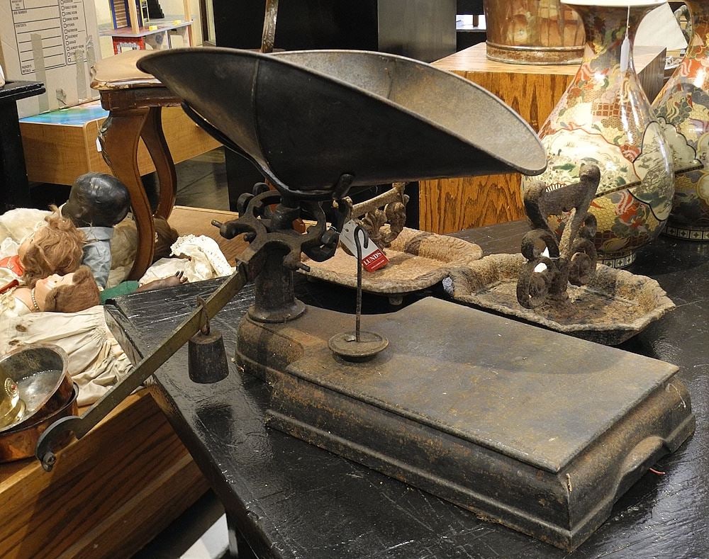19th C. Counter Scale with Hopper & Weights, Base 22"L. (1 of 2)
