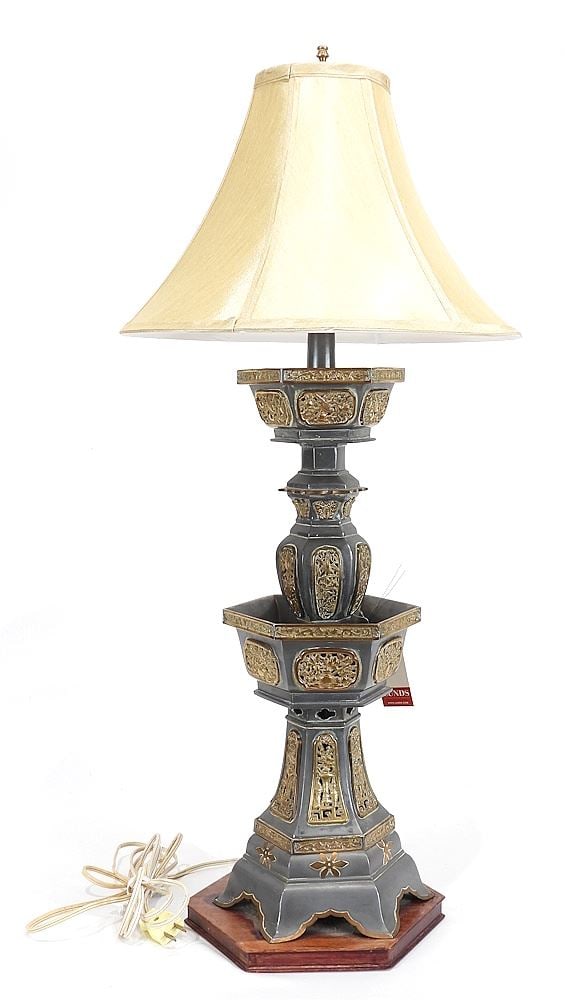 Chinese Pewter Gilt Decorated Altar Stick Converted to Lamp, TH 33". (1 of 7)