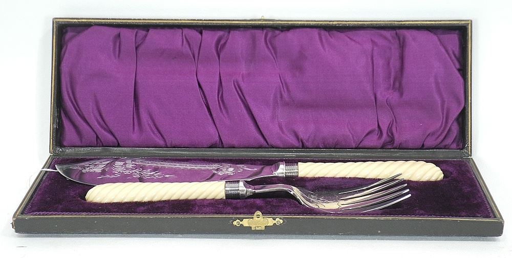 Pair of Silver Plate Handled Fish Server with Silver Ferrules, 11 3/4" , Cased (fork damaged). (1 of 5)