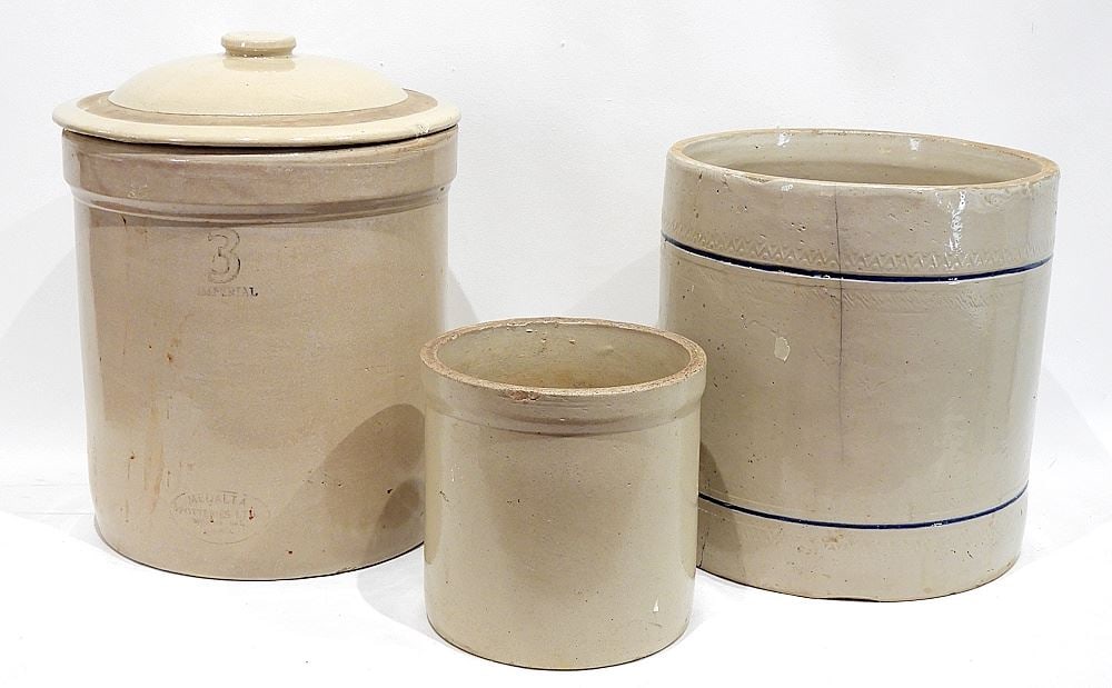 Three Stoneware Crocks: Medalta 3 Gal/Redwing 3 Gal (cracked) & Unmarked, 7 1/2 - 12"h. (1 of 2)