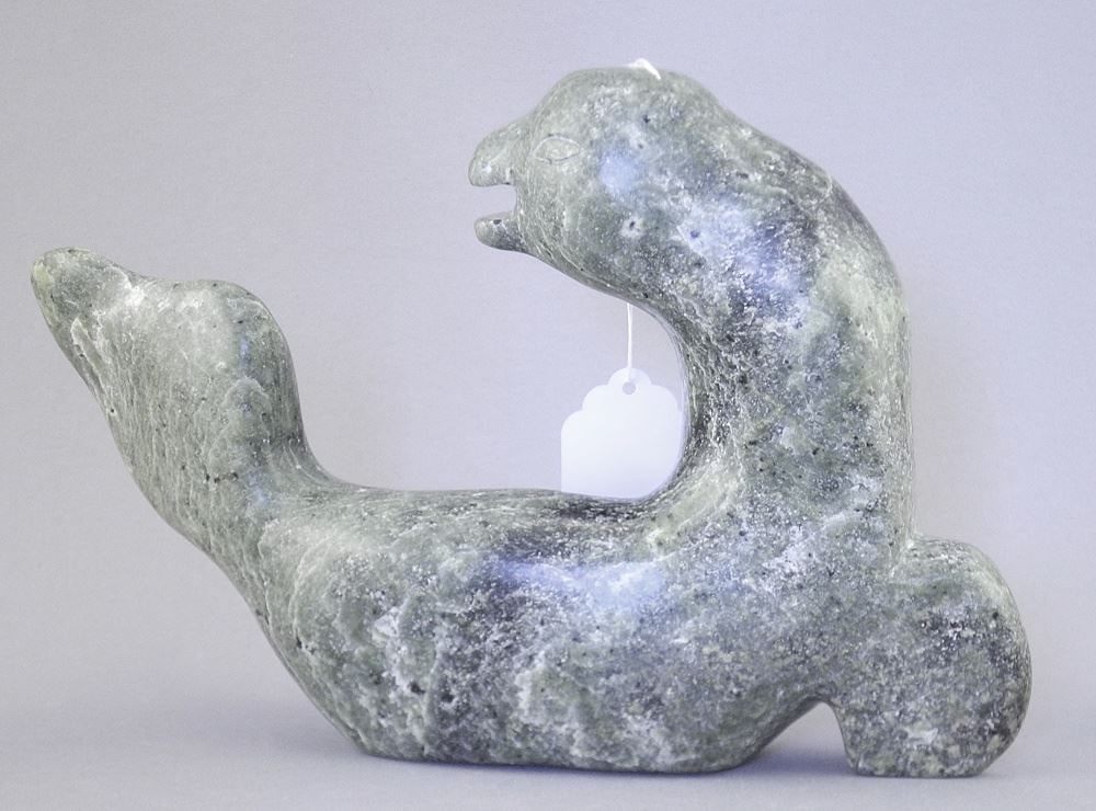 Inuit Stone Sculpture signed Kavavaow Mannomee, 8 5/8"L "Bird Fish Transformation". (1 of 3)
