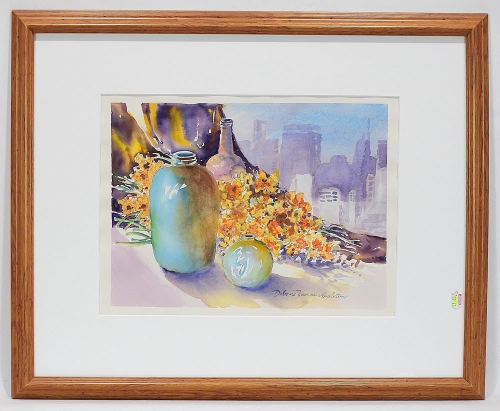 Watercolour signed Dolores Vance Appleton, 10 x 13 1/2" "Still Life With City in Distance". (1 of 3)