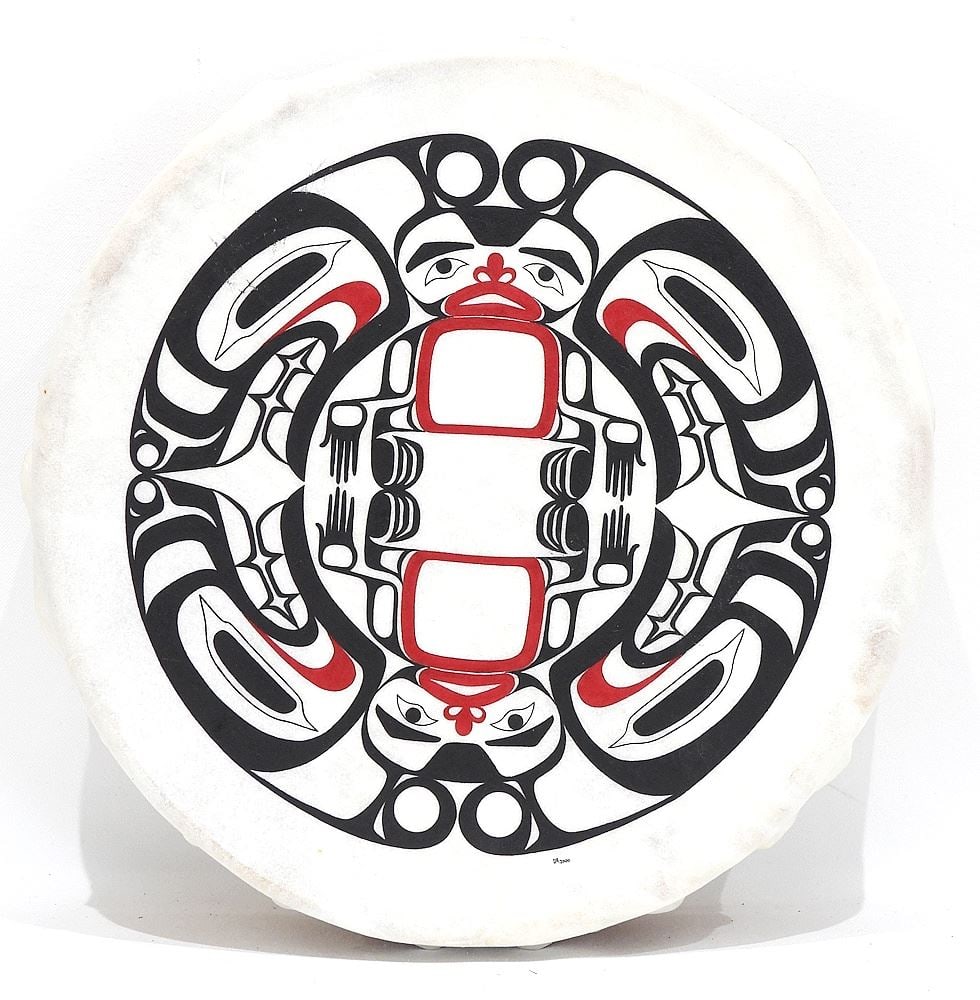 Northwest Coast Drum Monogrammed DR (Dale Rimmer) 2000, 3 1/2 x 13". (1 of 3)