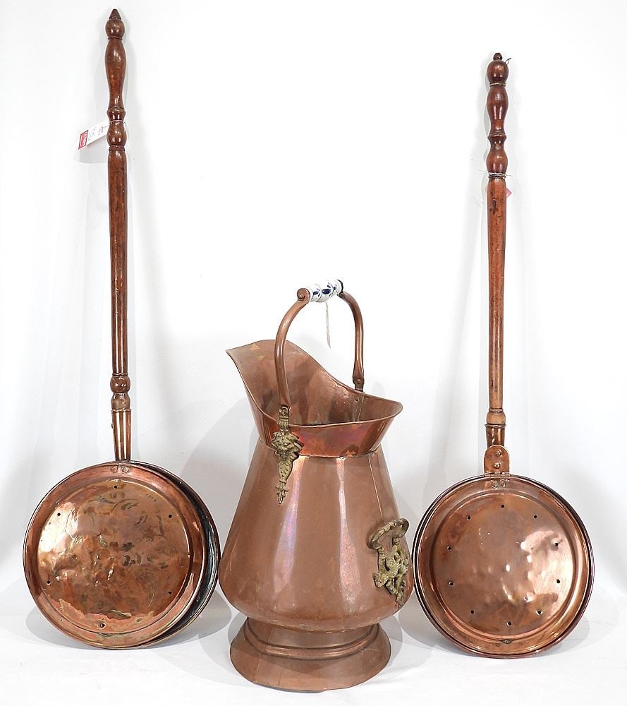 Two Copper Bed Warmers (40 & 43") & Copper Scuttle, 20 1/2"h. (1 of 2)
