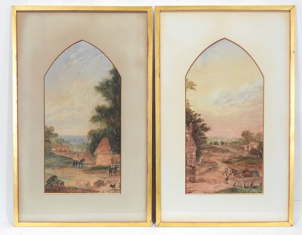 Pair of unsigned Mid 19th C. Watercolours, 16 1/2 x 8 1/4 "Farming Scenes". (1 of 3)