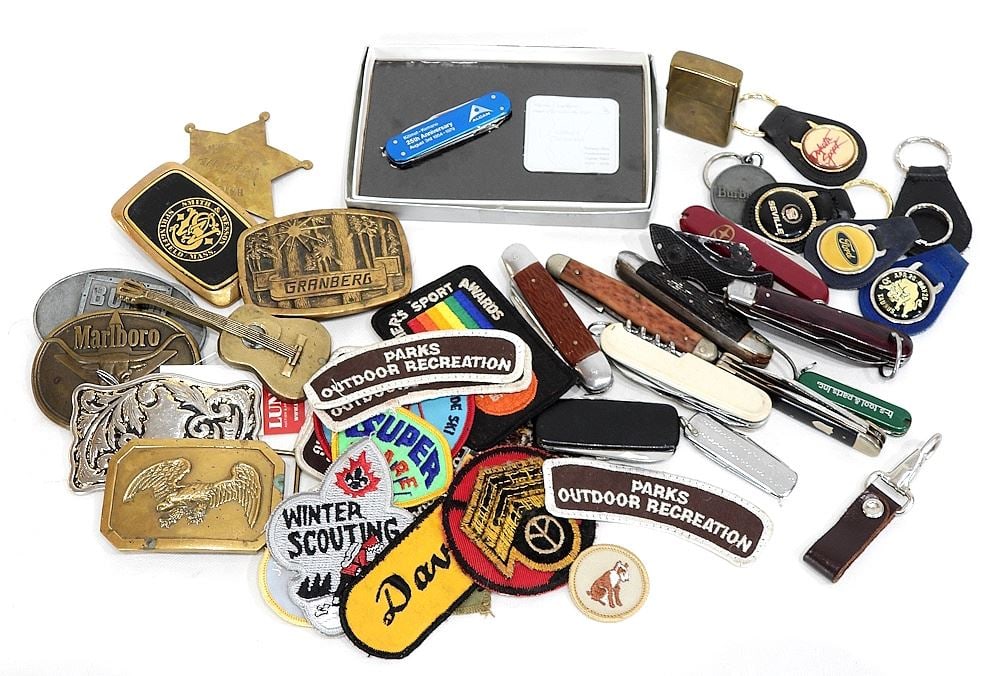 Collection of Vintage Belt Buckles/ Patches/Key Chains/Folding Knives. (1 of 2)