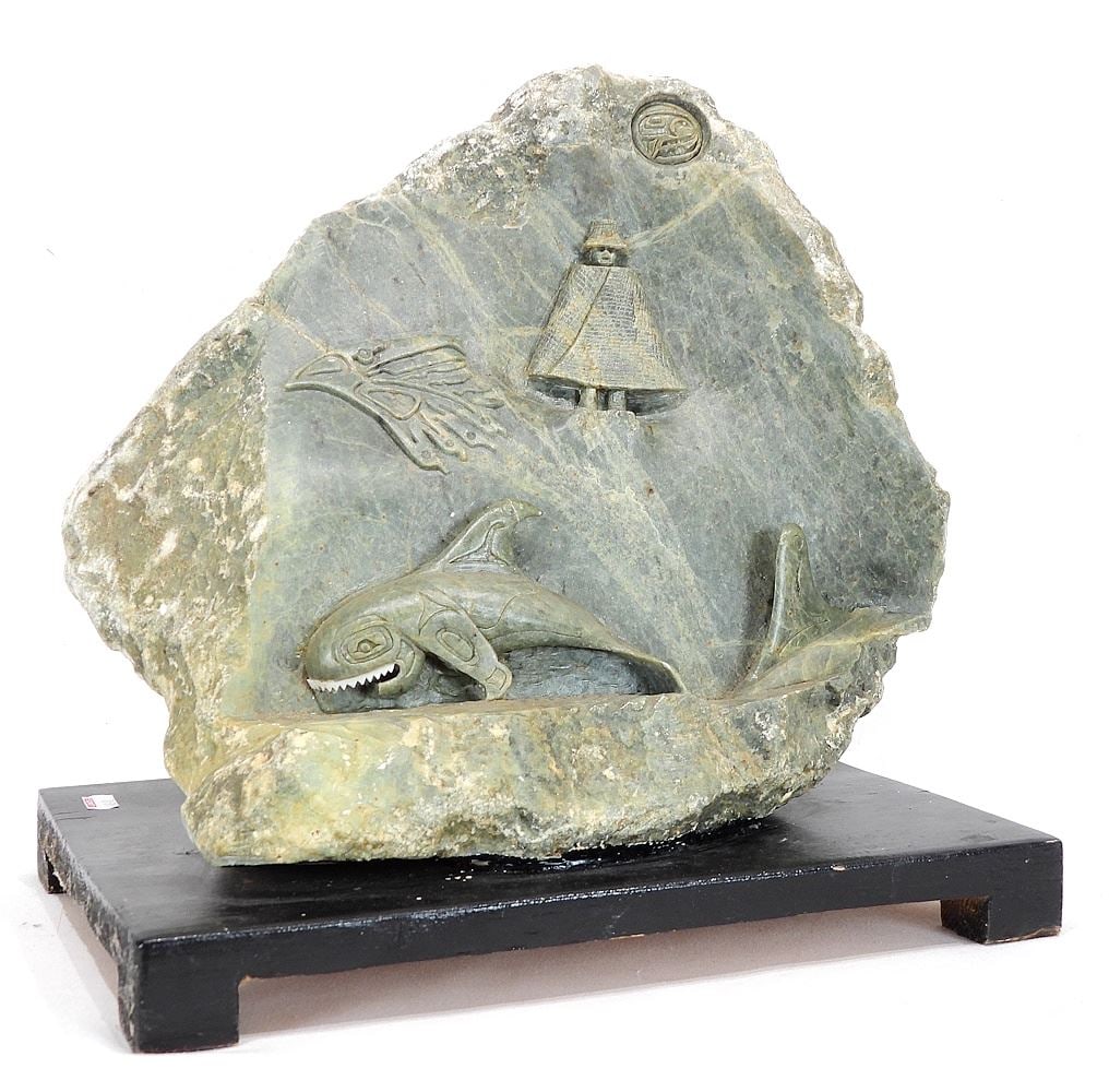Northwest Coast Style Softstone Carving, Base signed Indistinctly, 11 1/2 x 12 x 7" (resto no (1 of 2)