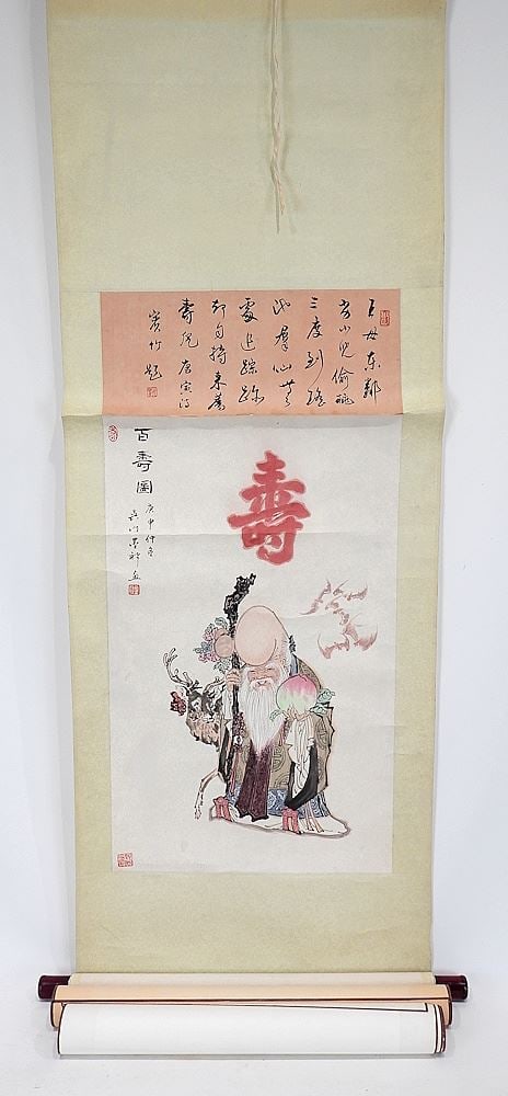 Three Chinese Ink & Colour Scrolls: Birds/Mountains/Shou Lao. (1 of 1)