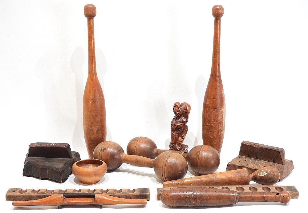 Collection of Antique Wooden Sundries: Indian Clubs/Mold/ Dumbbells/Figure. (1 of 3)