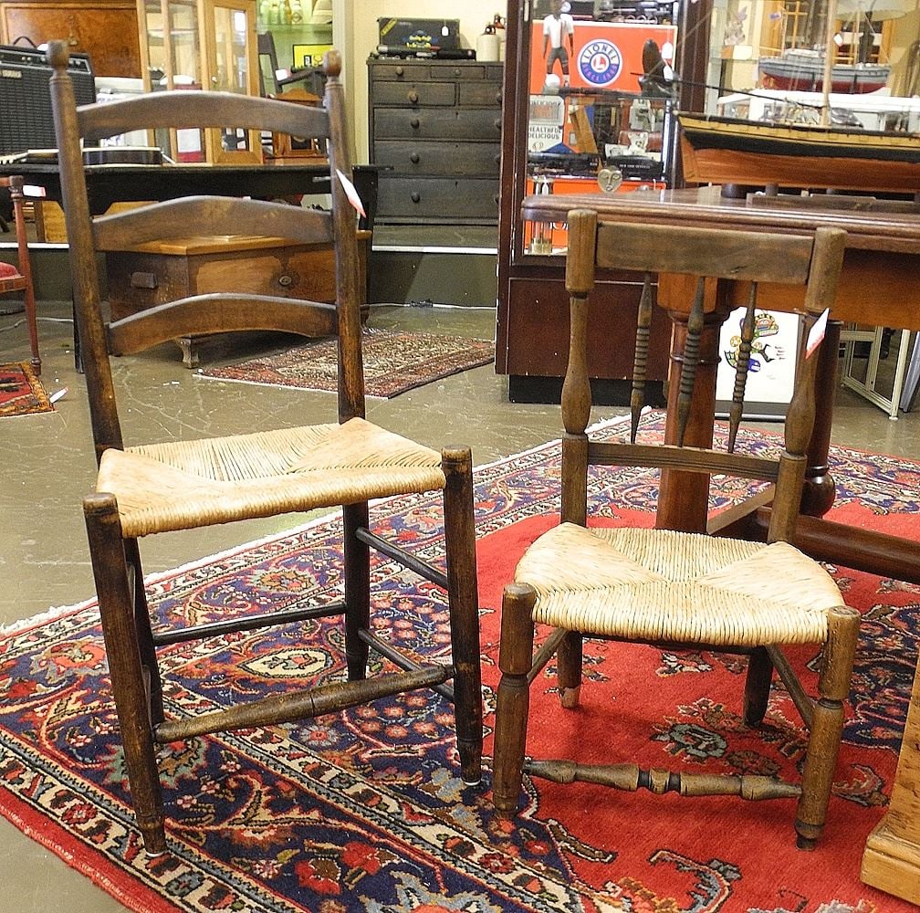 Two 19th C. Rush Seat Chairs: Spindle & Ladderback, 28 1/2 & 37 1/2"h. (1 of 2)