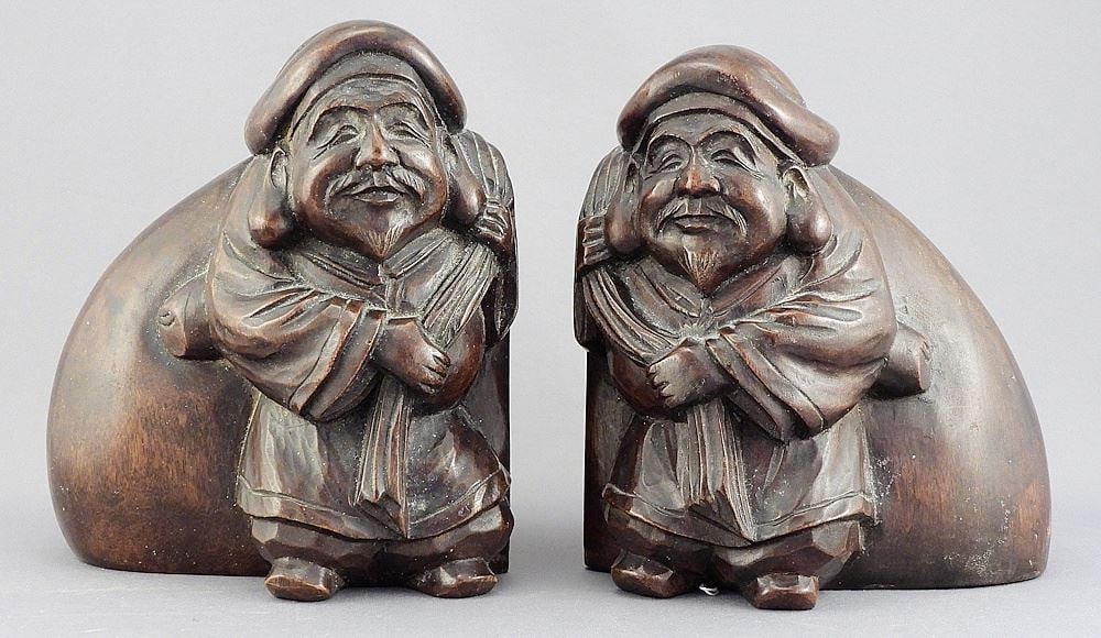 Pair of Japanese Carved Wood "Daikoku" Bookends, 6 1/4"h.: Pair of Japanese Carved Wood "Daikoku" Bookends, 6 1/4"h.