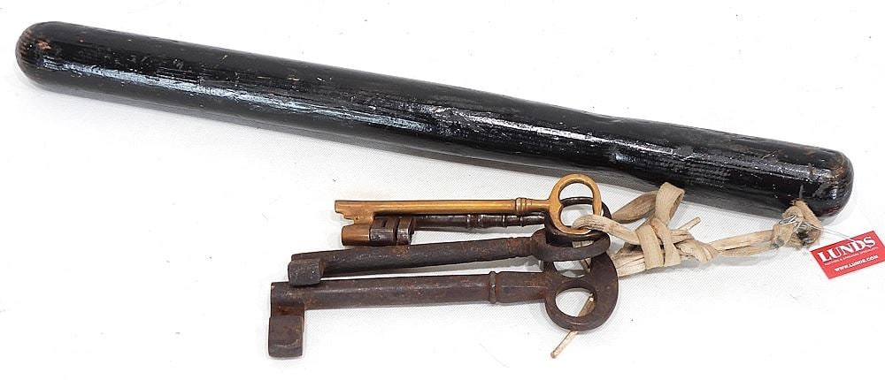 Old Black Lacquered Wood Truncheon (18"L) & Antique Keys.: Old Black Lacquered Wood Truncheon (18"L) & Antique Keys.