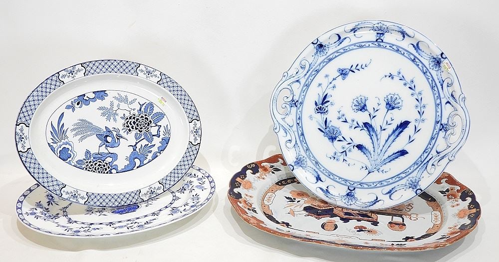 Ashworth Mason's Ironstone & Woods Yuan Platters w/2 China Platters, 14 3/8 - 18 3/4"L. (1 of 2)