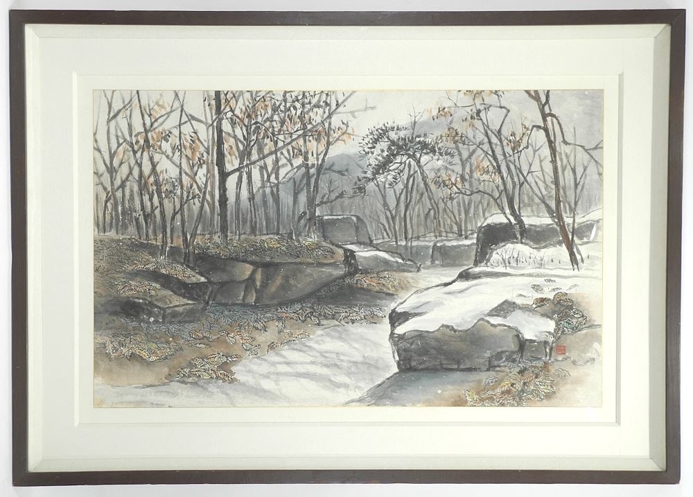 Chinese Ink & Watercolour signed with Chop, 22 x 35 1/2", "Autumnal Scene with Snow". (1 of 4)