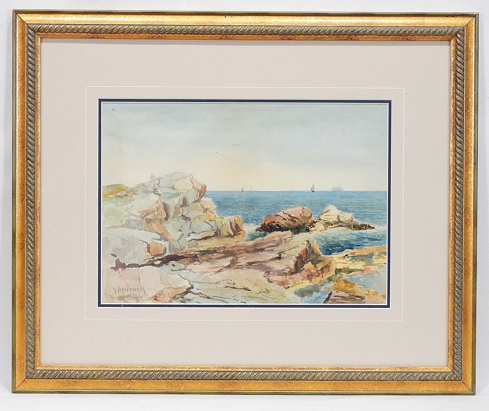 Watercolour signed G.(George) Bruenech, 9 1/2 x 13 1/2" "Coastal Scene w/Ships in Distance": Watercolour signed G.(George) Bruenech, 9 1/2 x 13 1/2" "Coastal Scene w/Ships in Distance"