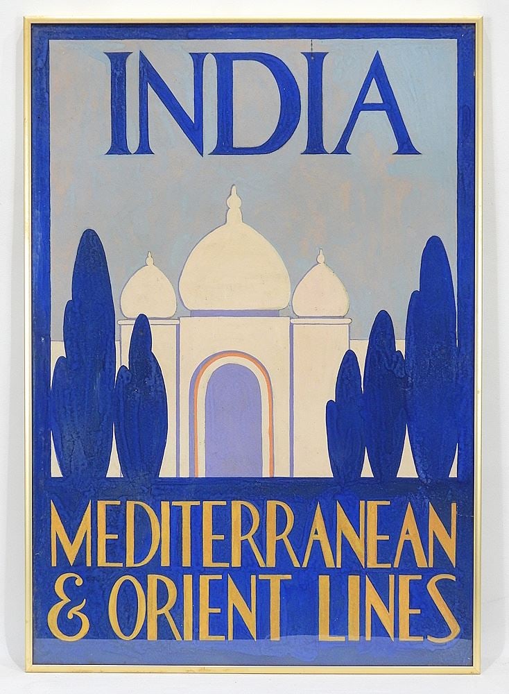 Unsigned Gouache on Paper, 23 5/8 x 16 1/4" "India Mediterranean & Orient Lines". (1 of 1)