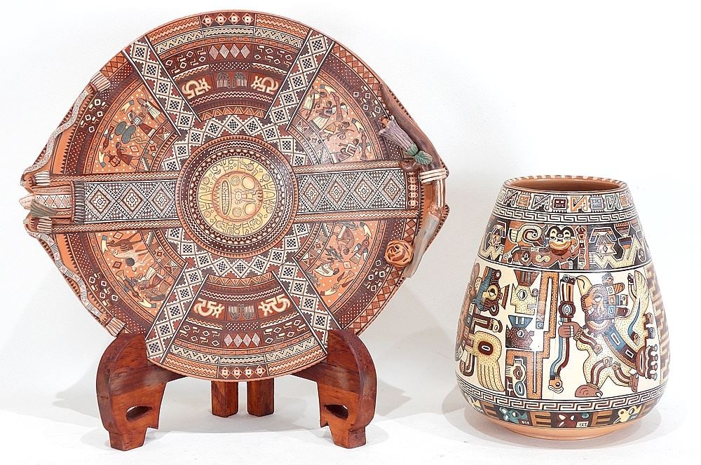 Peruvian Ceramic Vase & Dish signed Antonio Olave P. Cusco, 8 3/8"h x 14 7/8"w. (1 of 2)