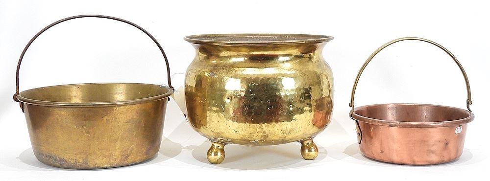 Three Pieces Antique Metal Wares: Farber NY Jardiniere/Two Pans. (1 of 3)