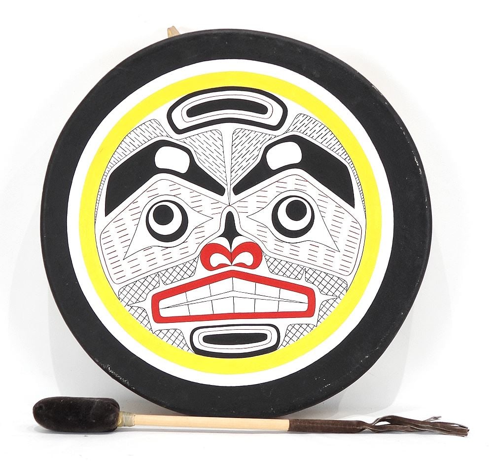 Northwest Coast Drum, Unsigned, 2 3/4 x 19 1/2" with Stick. (1 of 3)
