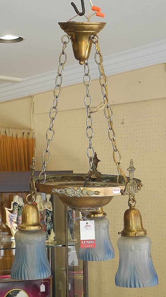 C.1920's Pendant Light Fixture (11 1/2" diam.) with 3 Blue Stained Glass Shades. (1 of 3)