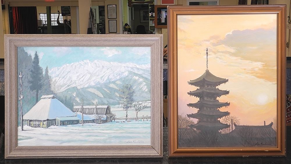 2 Oil on Canvas signed Leo Kushino, 18" x 24", "Winter Lodge & Pavillion". (1 of 5)