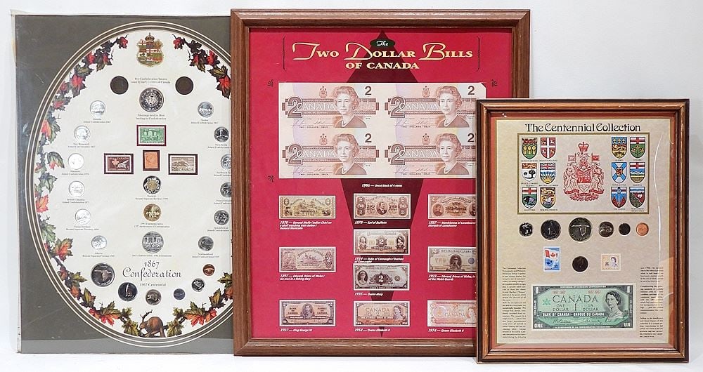 Two Canadian Centennial Coin Collections & $2 Bills of Canada, Mounted, 20 x 16". (1 of 3)